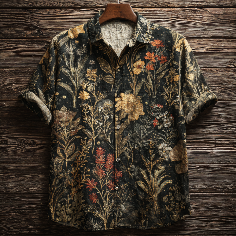Bohemian Style Plant And Flower Pattern Men's Retro Cotton And Linen Shirt artswardrobe