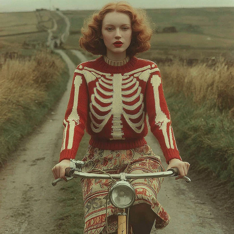 Women's Classic Vintage Skull Rib Art Cozy Knit Pullover Sweater artswardrobe