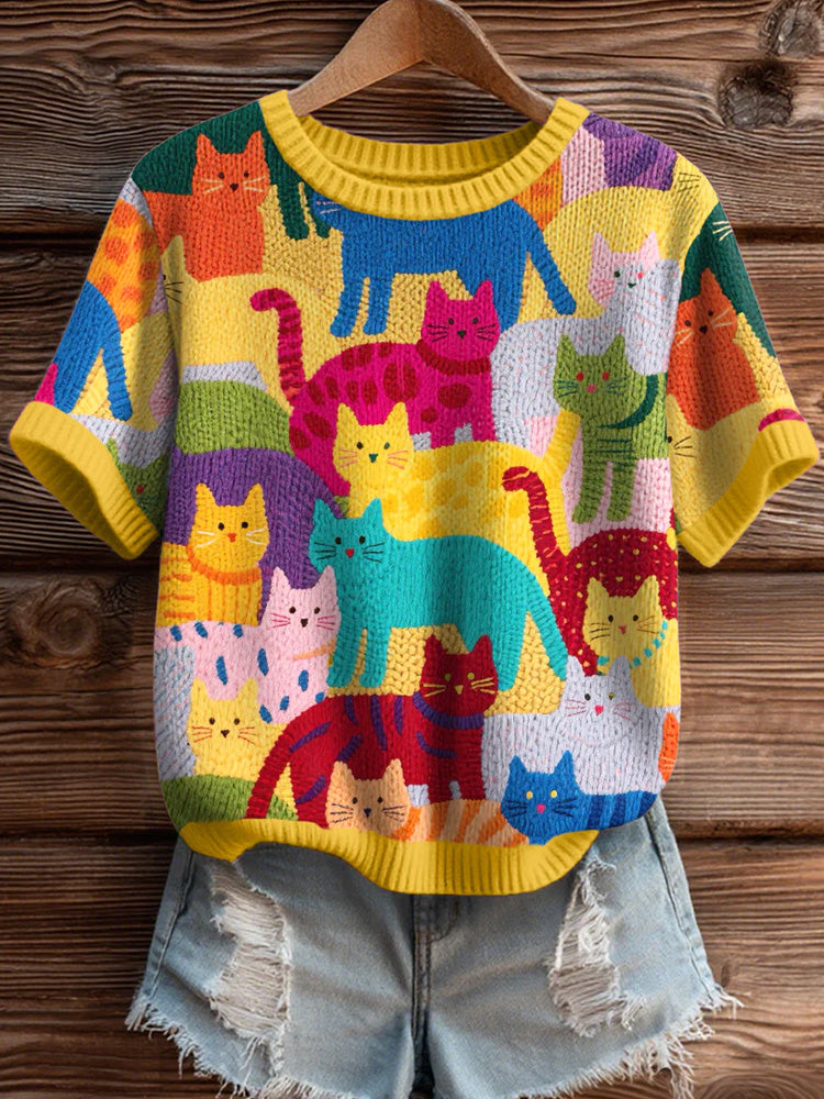 Women's Colorful Cats Pattern Cozy Knit Top elevenforest