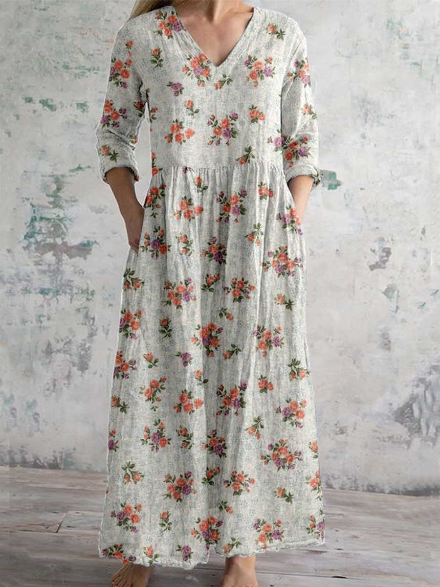 Women's Elegant Floral V-Neck Cotton Dress