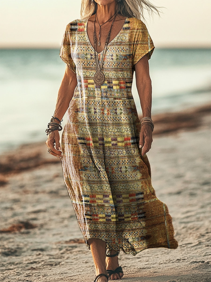 Women's Bohemian Ethnic Patterns Short Sleeve Pocket Cotton Linen Dres