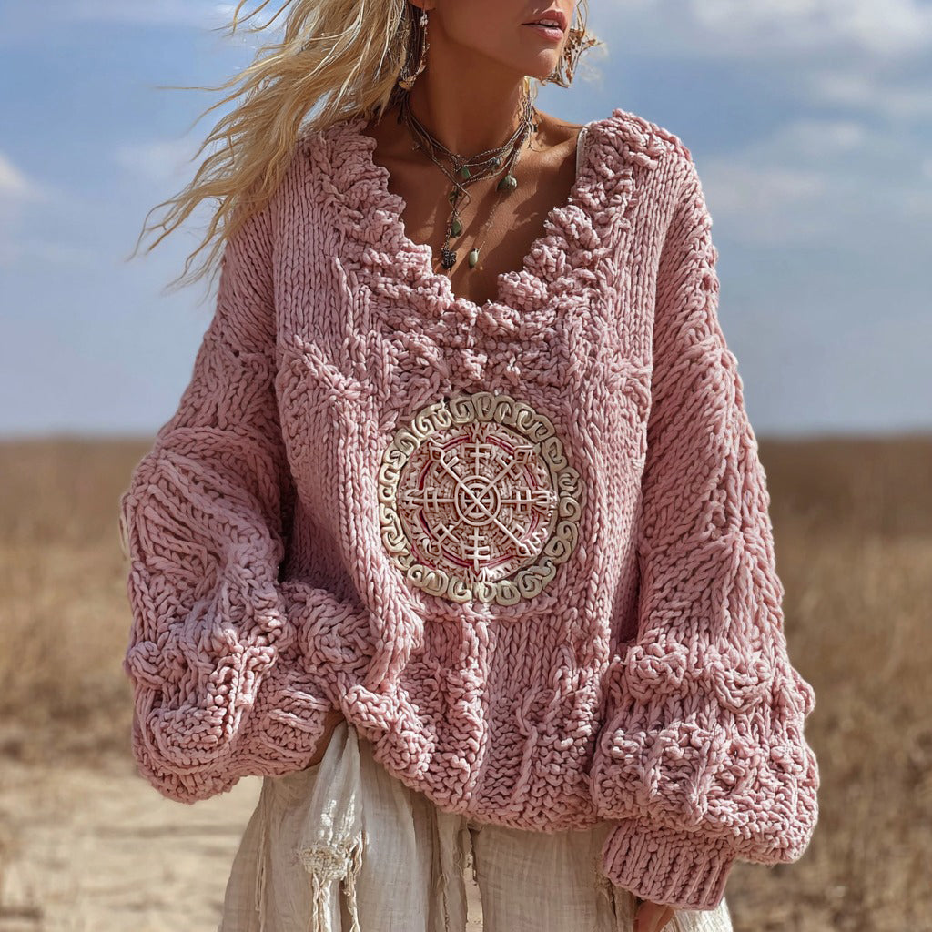 Vintage Vegvisir Runes V Neck Cozy Cable Chunky Knit Sweater artswardrobe