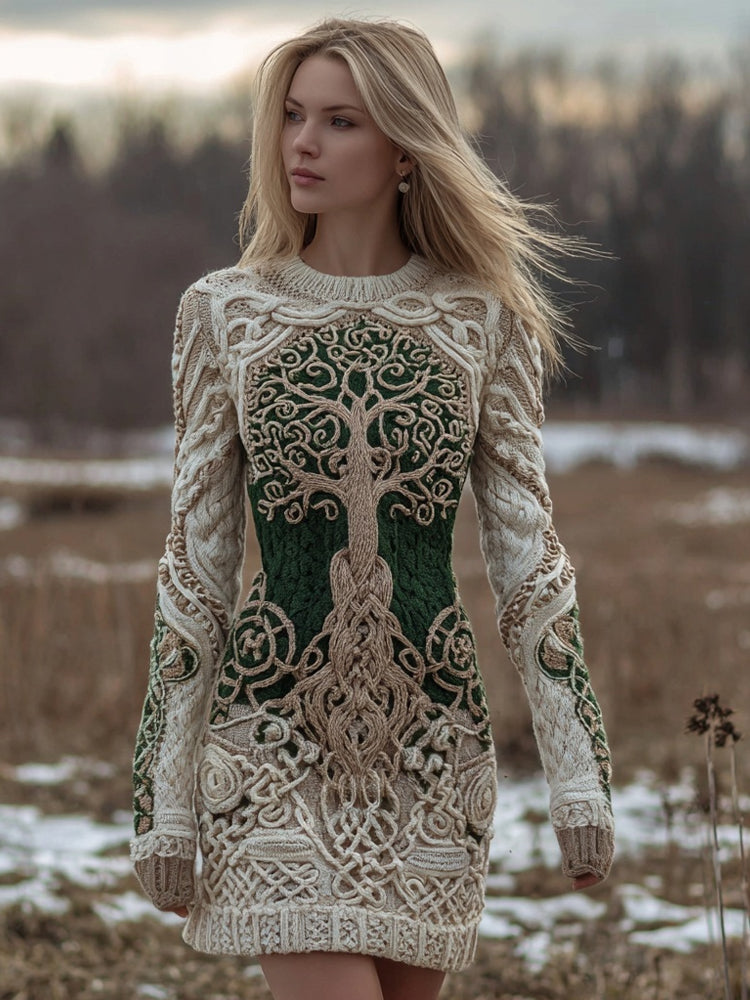 Vintage Viking Tree Of Life Cozy Knit Sweater Dress artswardrobe