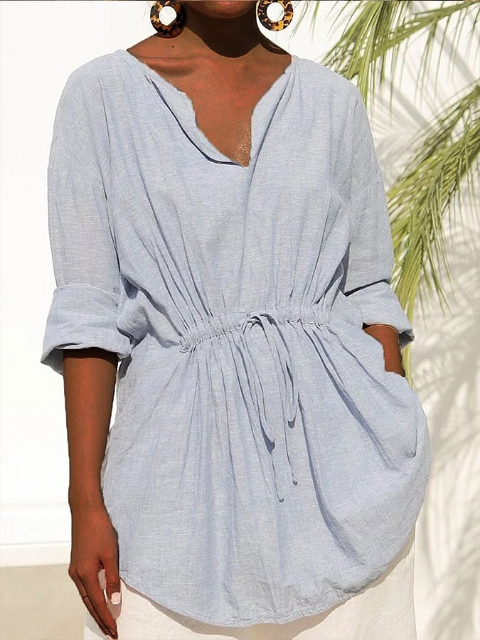 Women's solid color cotton and linen lace-up shirt