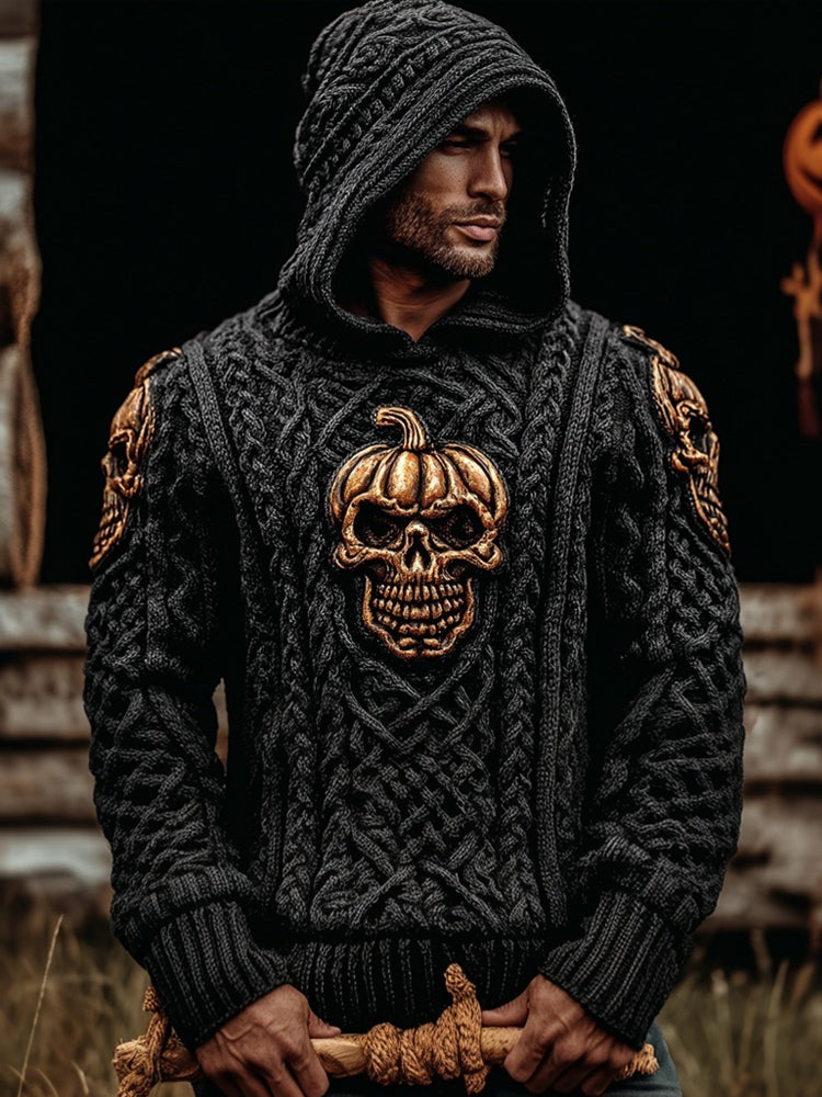Men's Vintage Halloween Pumpkin Skull Chunky Hooded Sweater artswardrobe