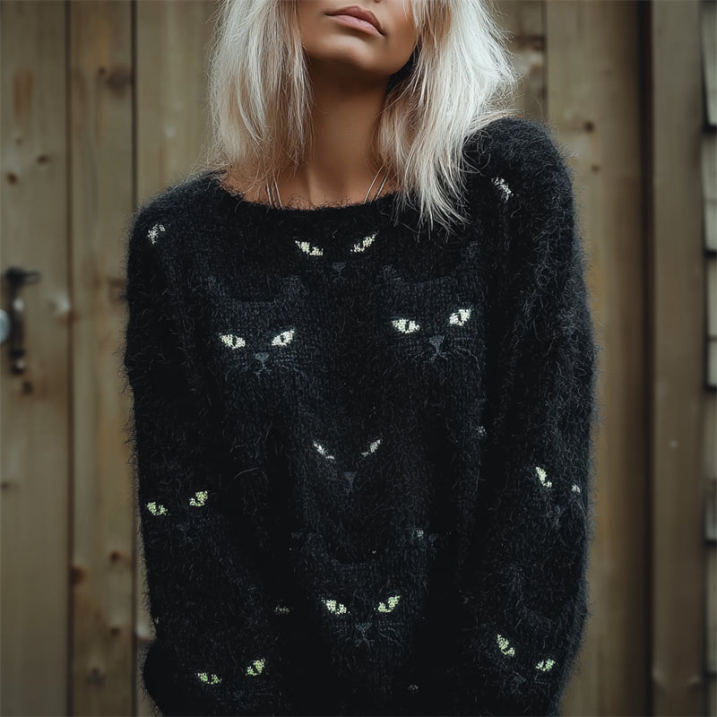 Black Cat Faces Fuzzy Cozy Knit Sweater artswardrobe