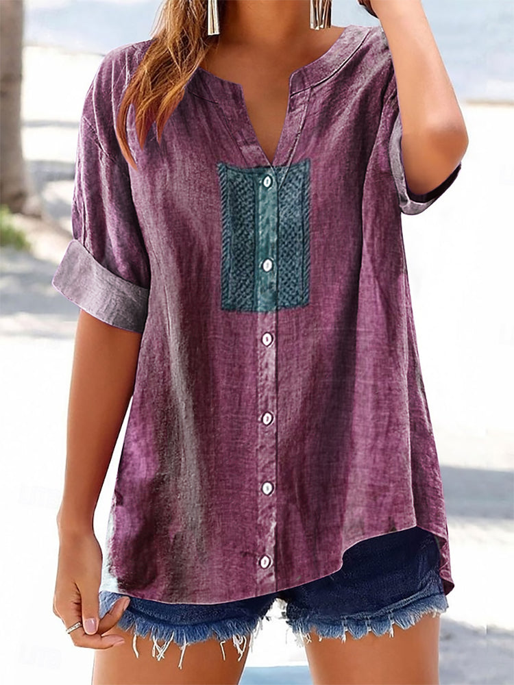 Women's Vintage Pattern Art Print Casual Cotton Linen Short Sleeve Shi