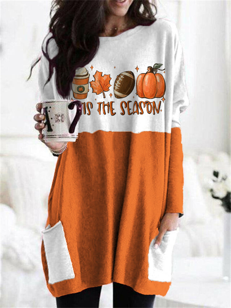 Fall Pumpkin Football Tis The Season Patch Pocket Tunic artswardrobe