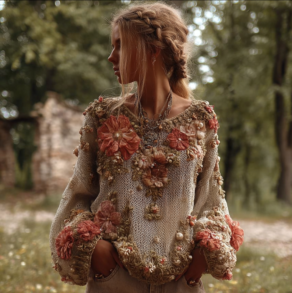 Bohemian Style Three-dimensional Flower Knitted Pattern Women's V-neck Long-sleeve Knitted Sweater artswardrobe