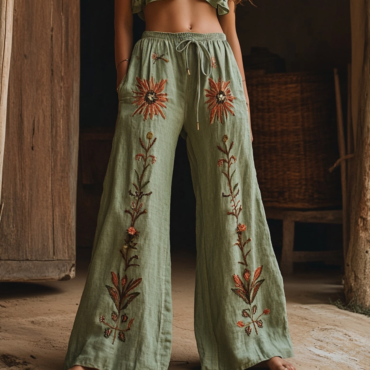Women's Retro Linen Boho Flowers Art Long Loose Wide-leg Trouser Pants artswardrobe