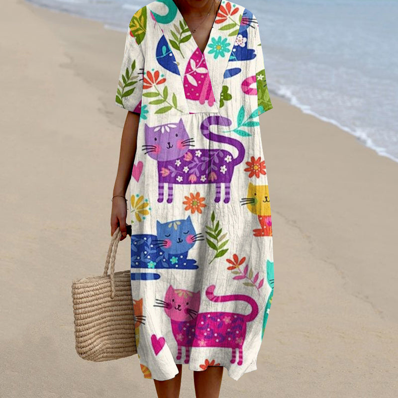 Women's Colorful Cat Art Print V-neck Dress artswardrobe