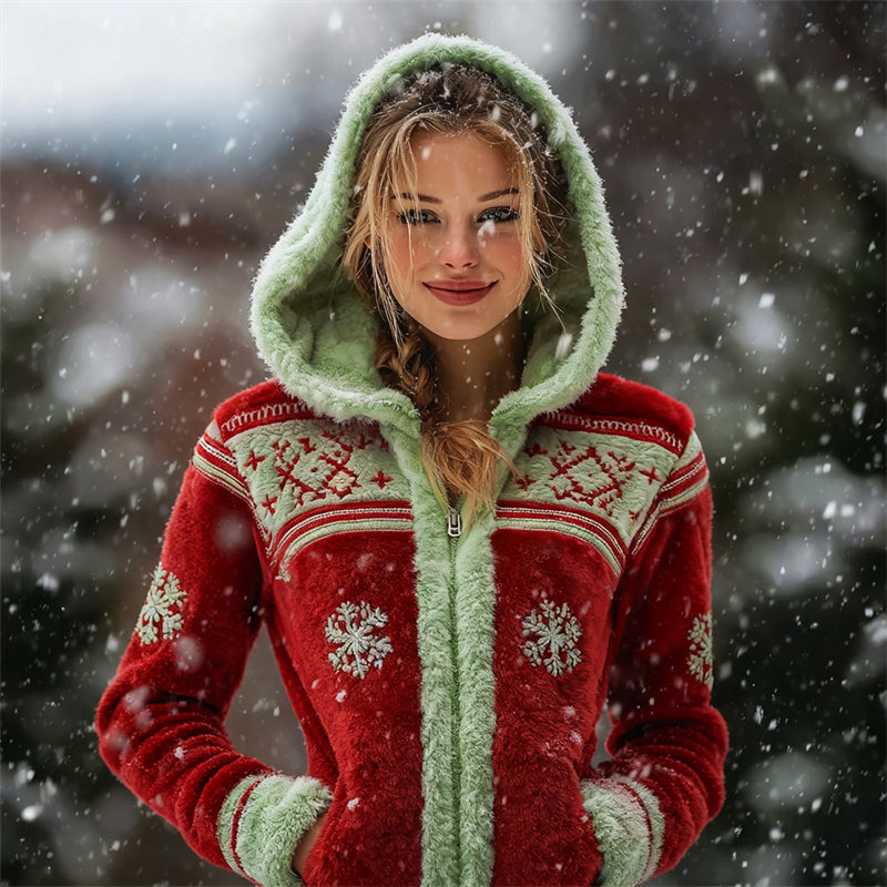 Comstylish Vintage Christmas Snowflakes Embroidered Cozy Plush Hoodie