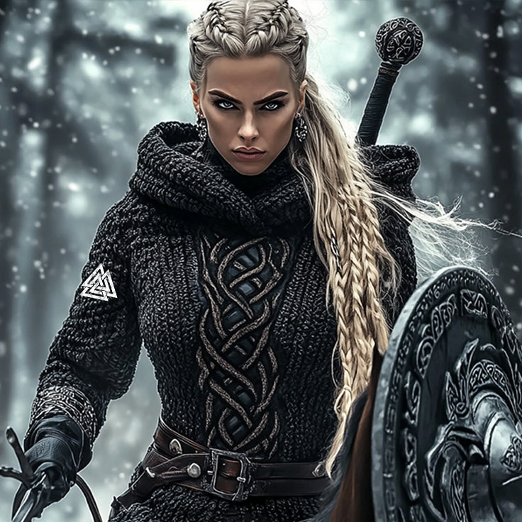 Women's Viking Warrior Jacquard Celtic Knit Hoodie artswardrobe