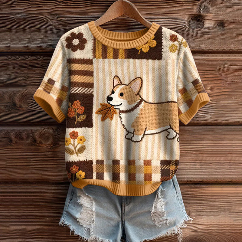 Vintage Corgi Dog With Felt In Autumn Inspired Embroidered Short Sleeve Cozy Knit Sweater artswardrobe