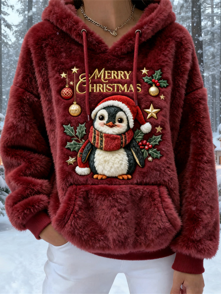 Christmas Penguin Design Women's Flannel Hooded Sweater