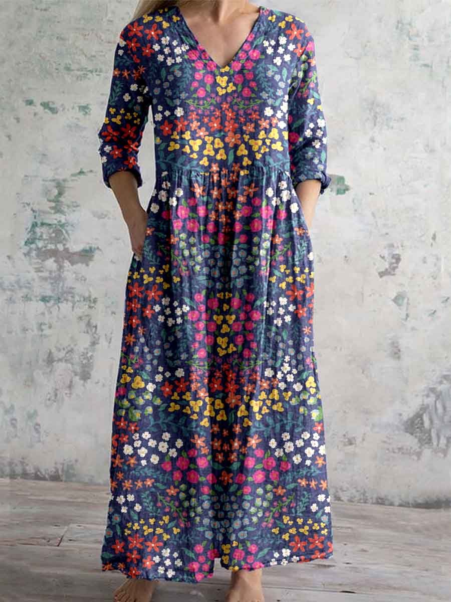 Women's Elegant Floral Pattern V-Neck Cotton Dress with Pockets
