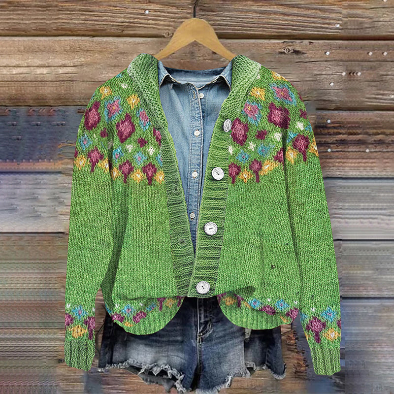 Retro Geometric Contrast Button Hooded Cardigan elevenforest