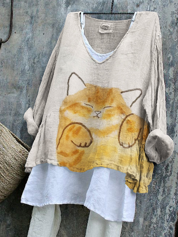 Sleeping Cat Simple Watercolor Art Flowy Tunic elevenforest