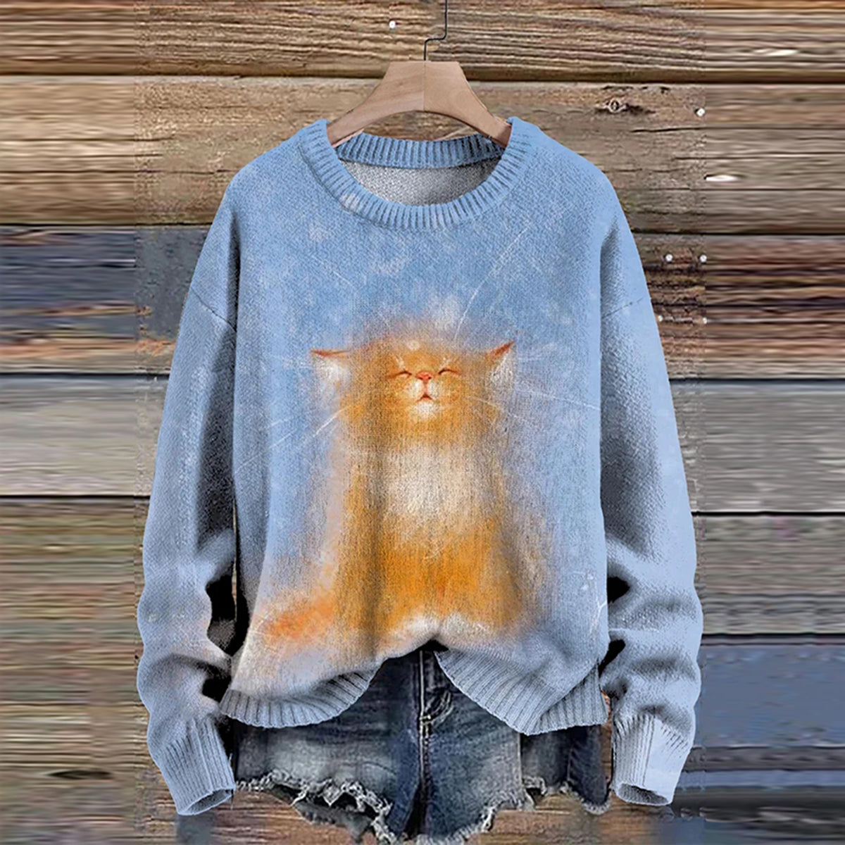 Cute Winter Cat Art Pattern Print Casual Knit Pullover Sweater elevenforest