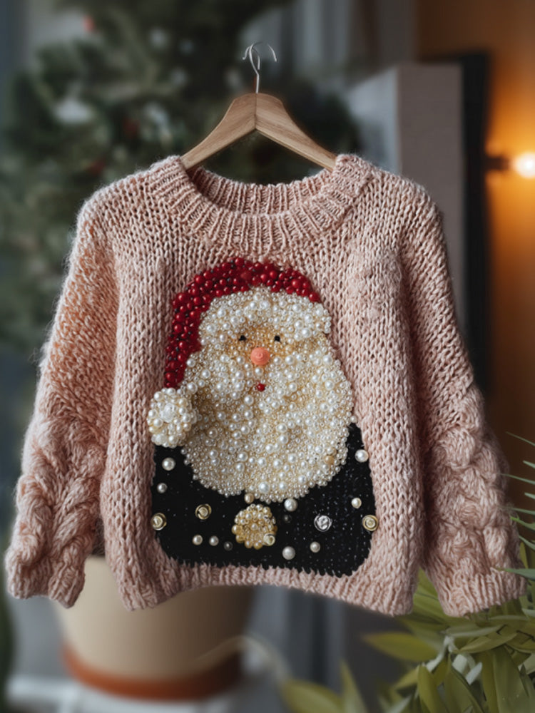 Santa Claus Embroidered Pearl Crew Neck Sweater artswardrobe