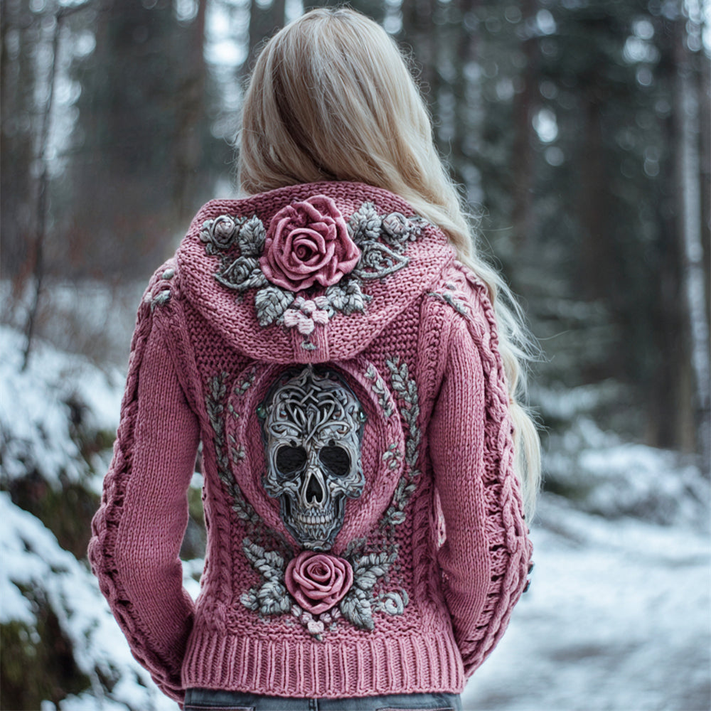 Viking Skull & Floral Knit Art Women's Hooded Sweater artswardrobe