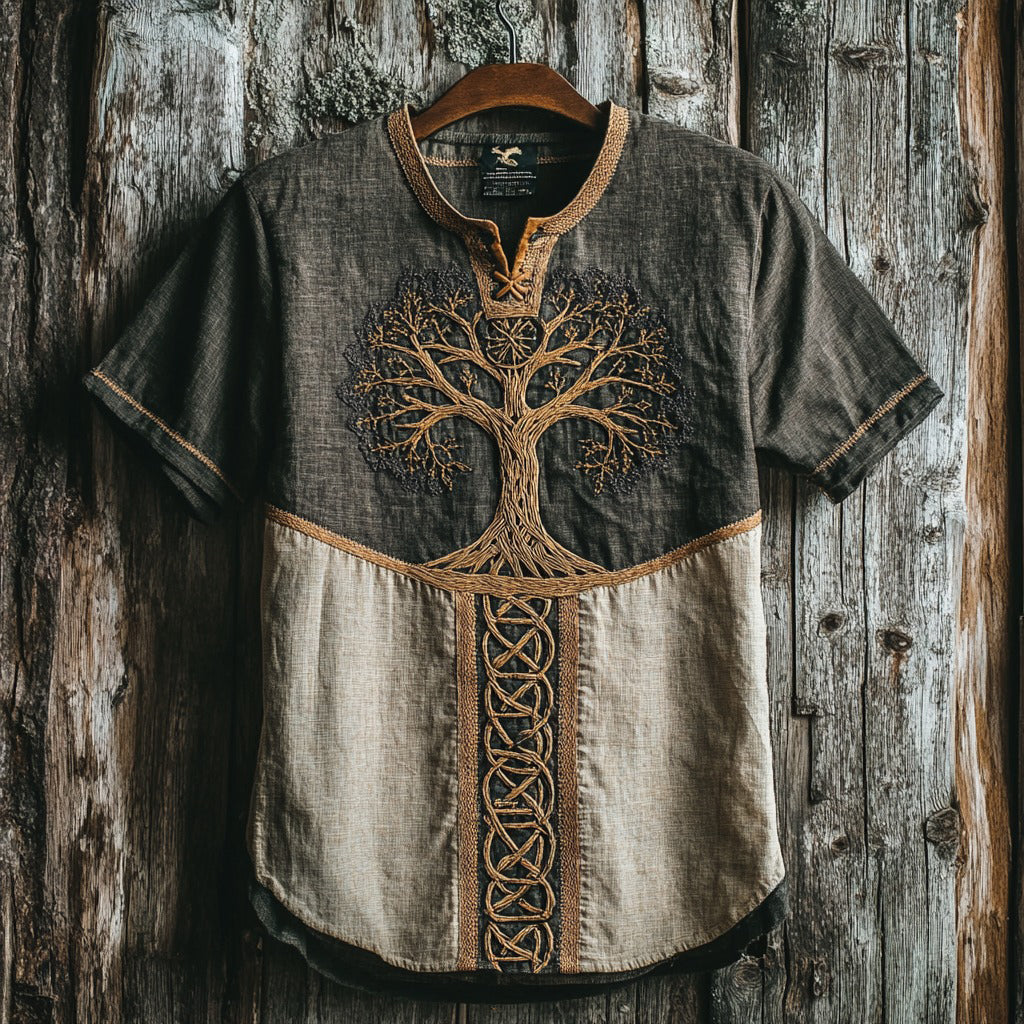 Men's Viking Tribal Tree Of Life Embroidery Celtic Art Linen T-shirt artswardrobe