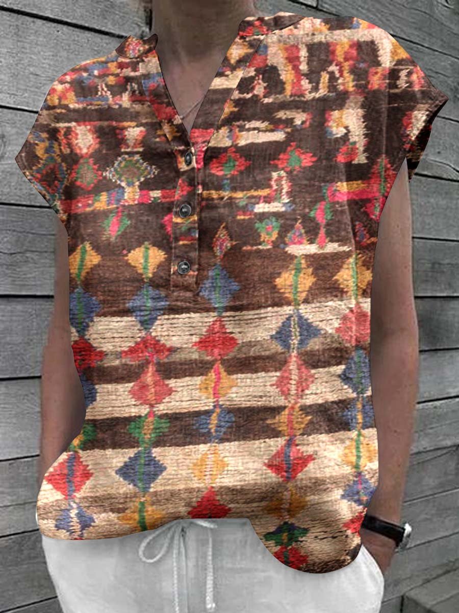 Women's Classic Geometric Pattern Cotton and Linen Top