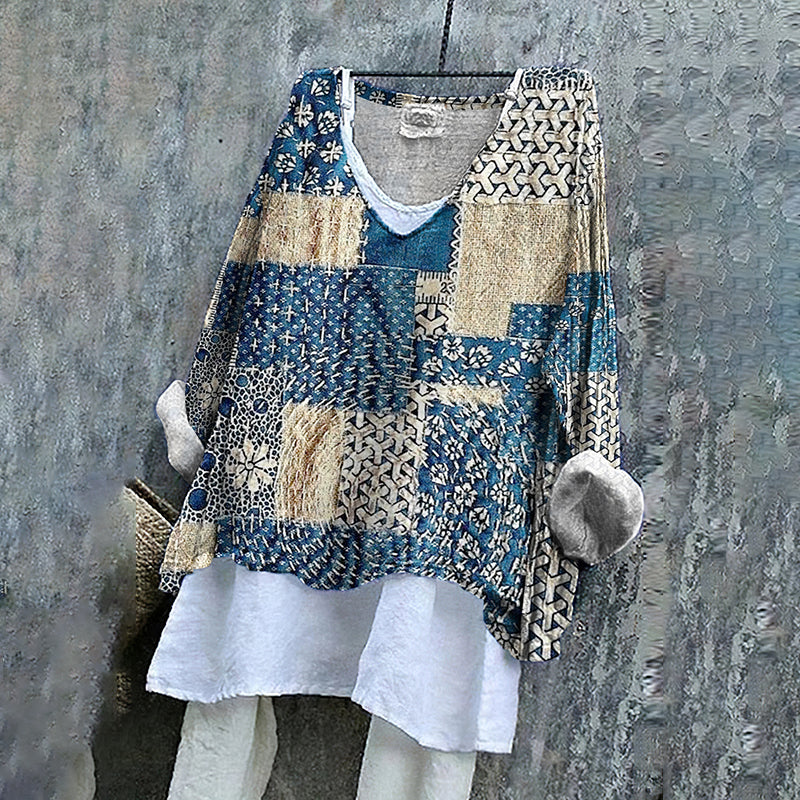 Floral Patchwork Japanese Sashiko Art Linen Blend Tunic artswardrobe