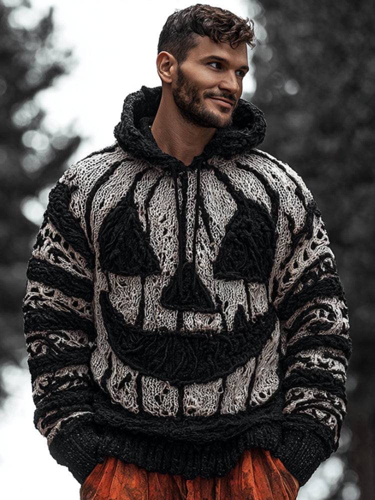 Halloween Pumpkin Emoji Black And White Striped Warm Hooded Sweater artswardrobe