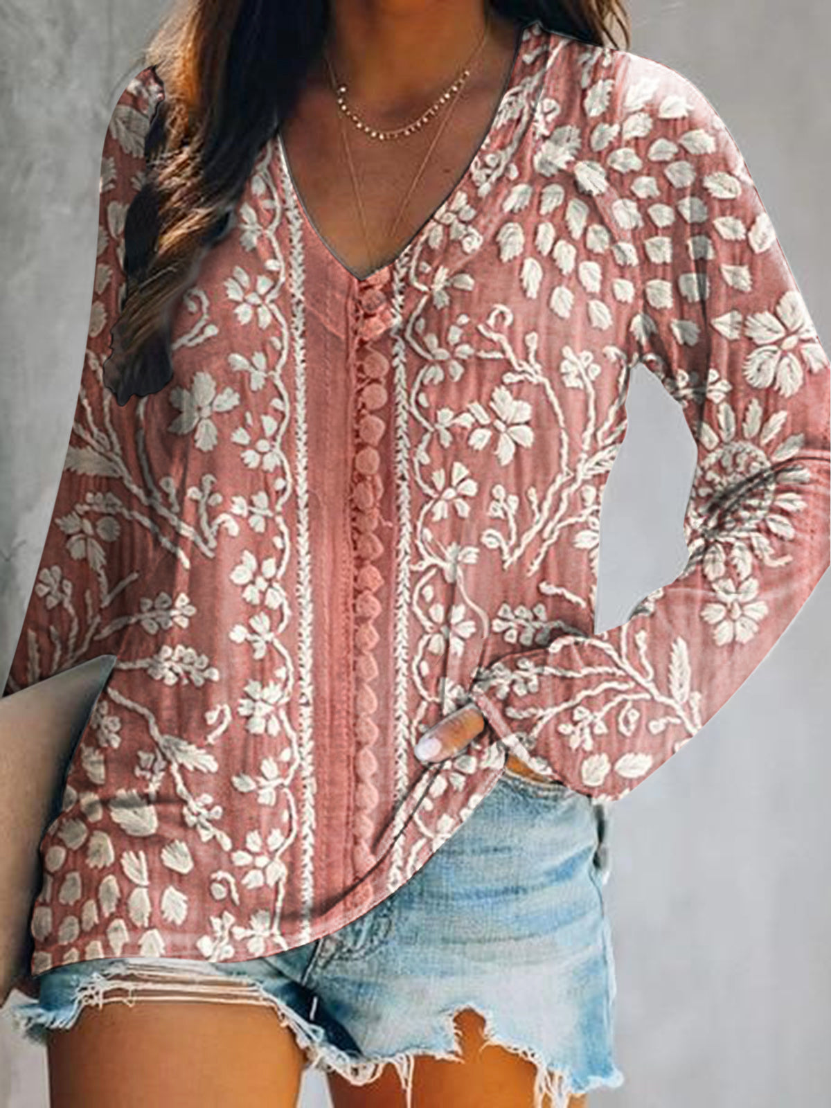 Women's Vintage Ethnic Floral Art Print Casual V Neck Long Sleeve Tops