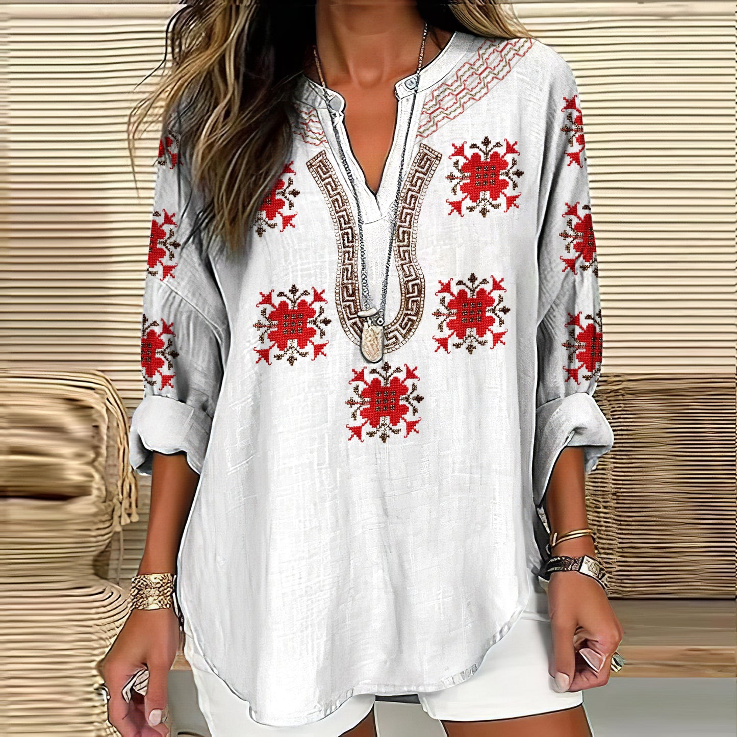 Vintage Cretan Pattern V-neck Linen Blend Blouse artswardrobe