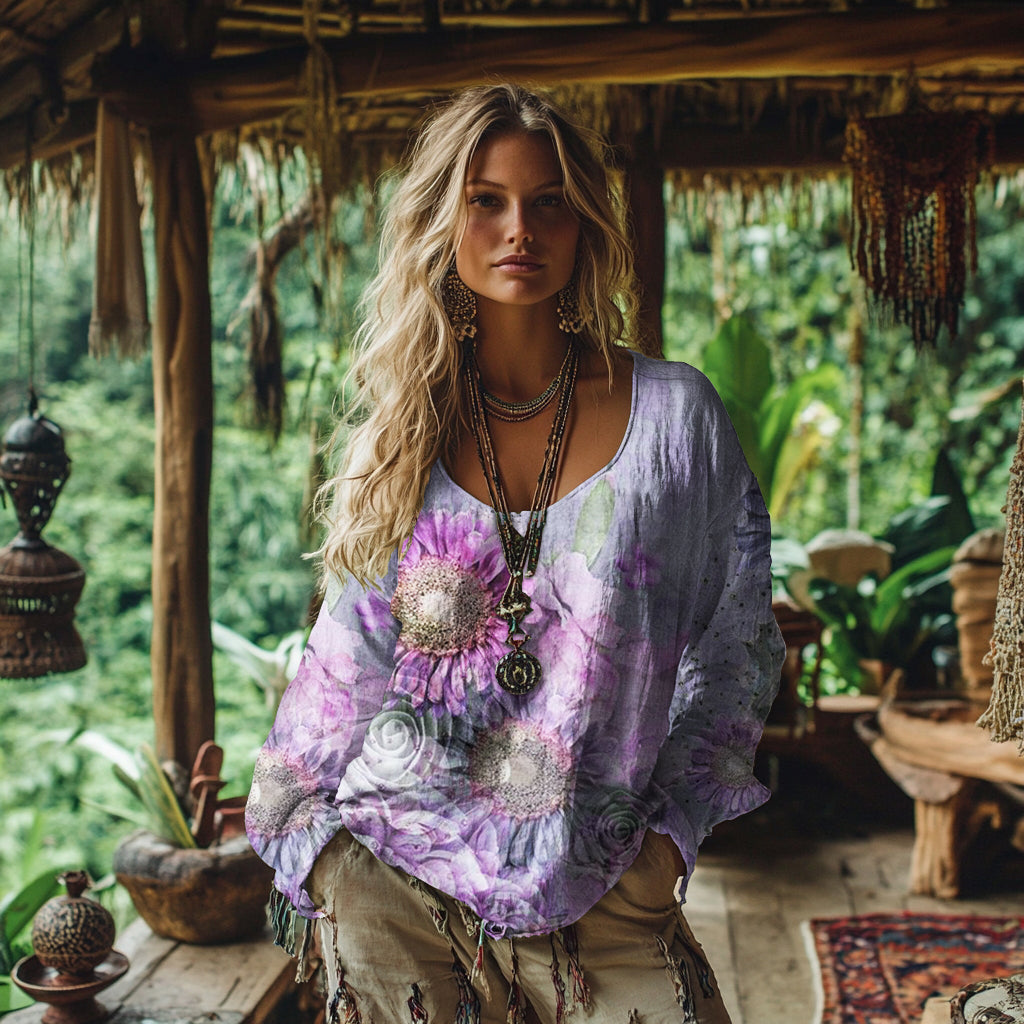 Comstylish Women's Vintage Floral Art Cotton And Linen Shirt