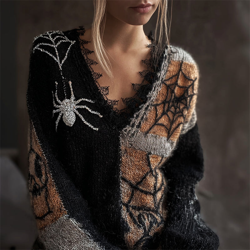 Halloween Glitter Spider & Spiderweb Colorblock Cozy Knit Sweater artswardrobe