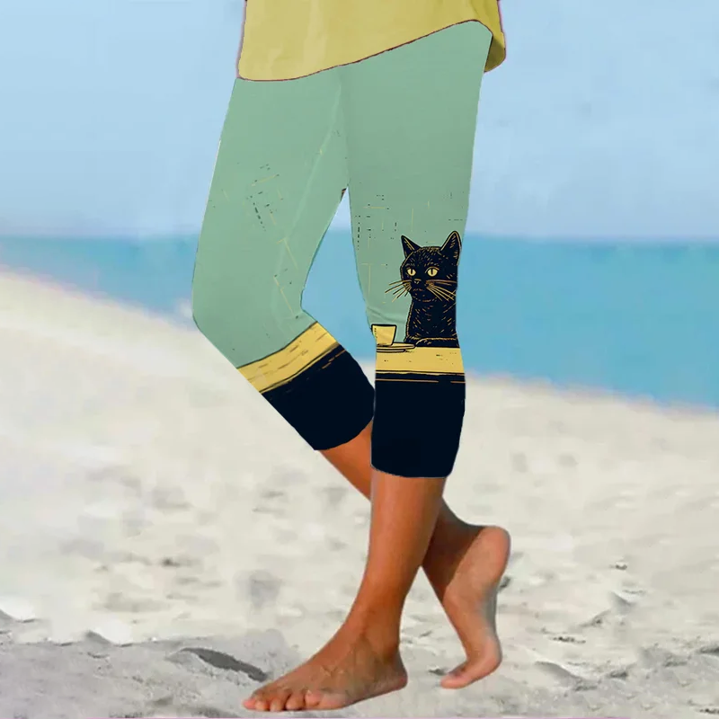 Abstract Creative Black Cat Chilling Coffee Painting Art Leggings elevenforest