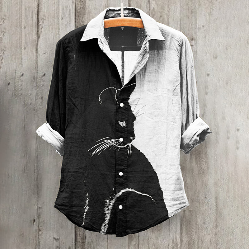 Cat Print Lapel Long Sleeve Shirt elevenforest