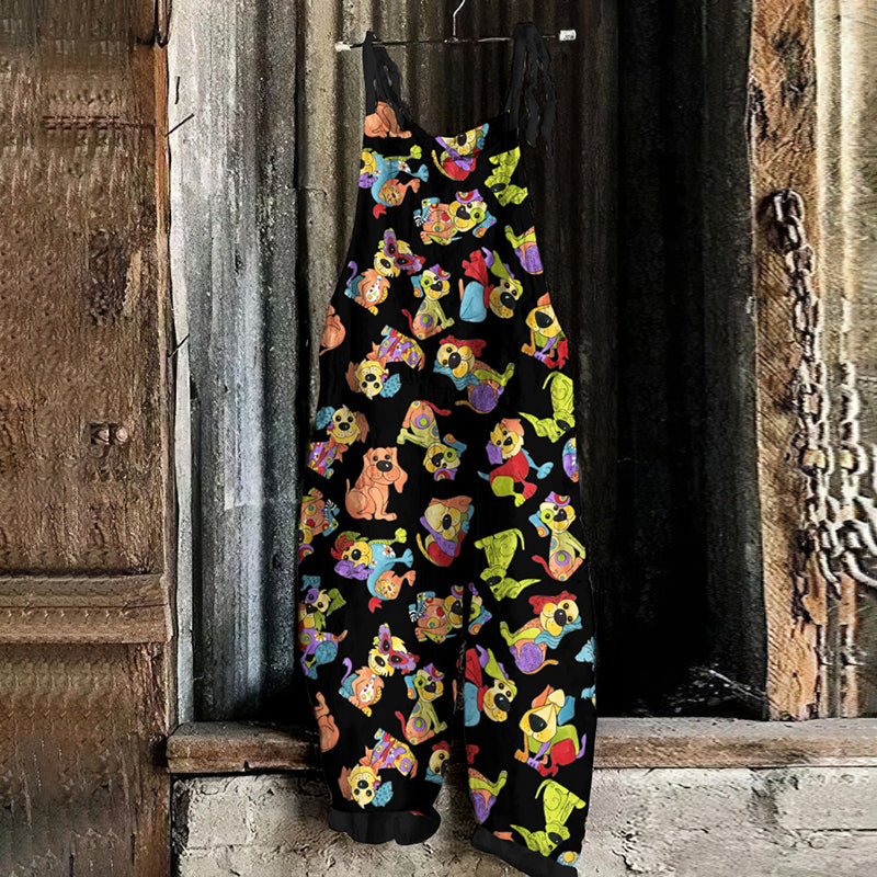 Comstylish Japanese Art Cute Colorful Dog Print Loose Casual Jumpsuit