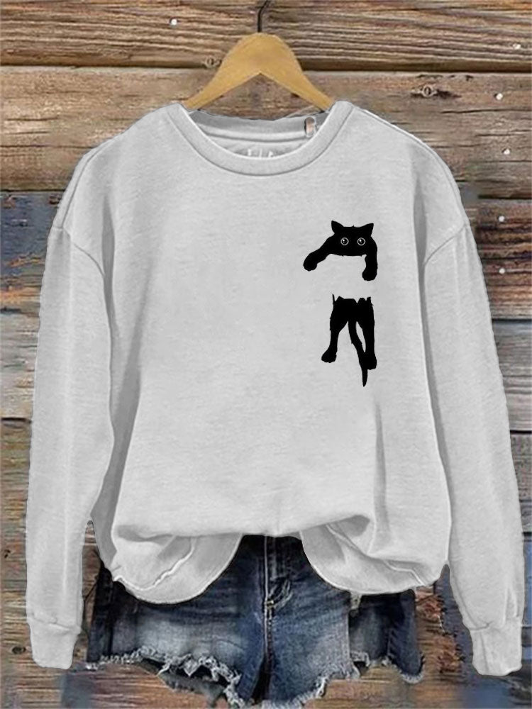 Women's Casual Funny Black Cat Print Sweatshirt elevenforest