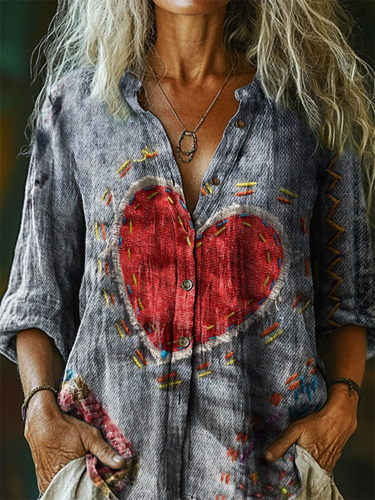 Women's Vintage Love Patchwork Art Print Casual Cotton Linen Shirt