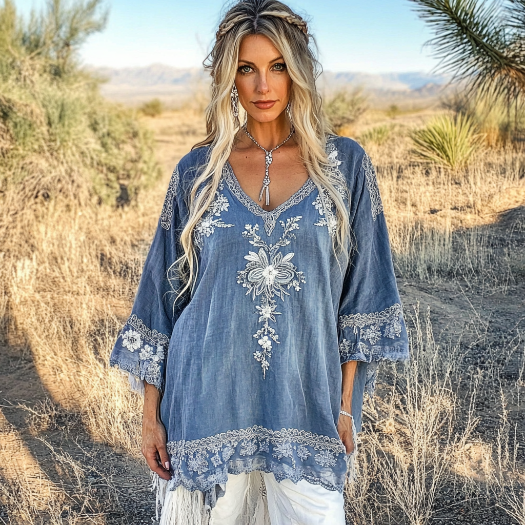 Women's Retro Floral Lace Comfortable Cotton And Linen V-neck Shirt artswardrobe