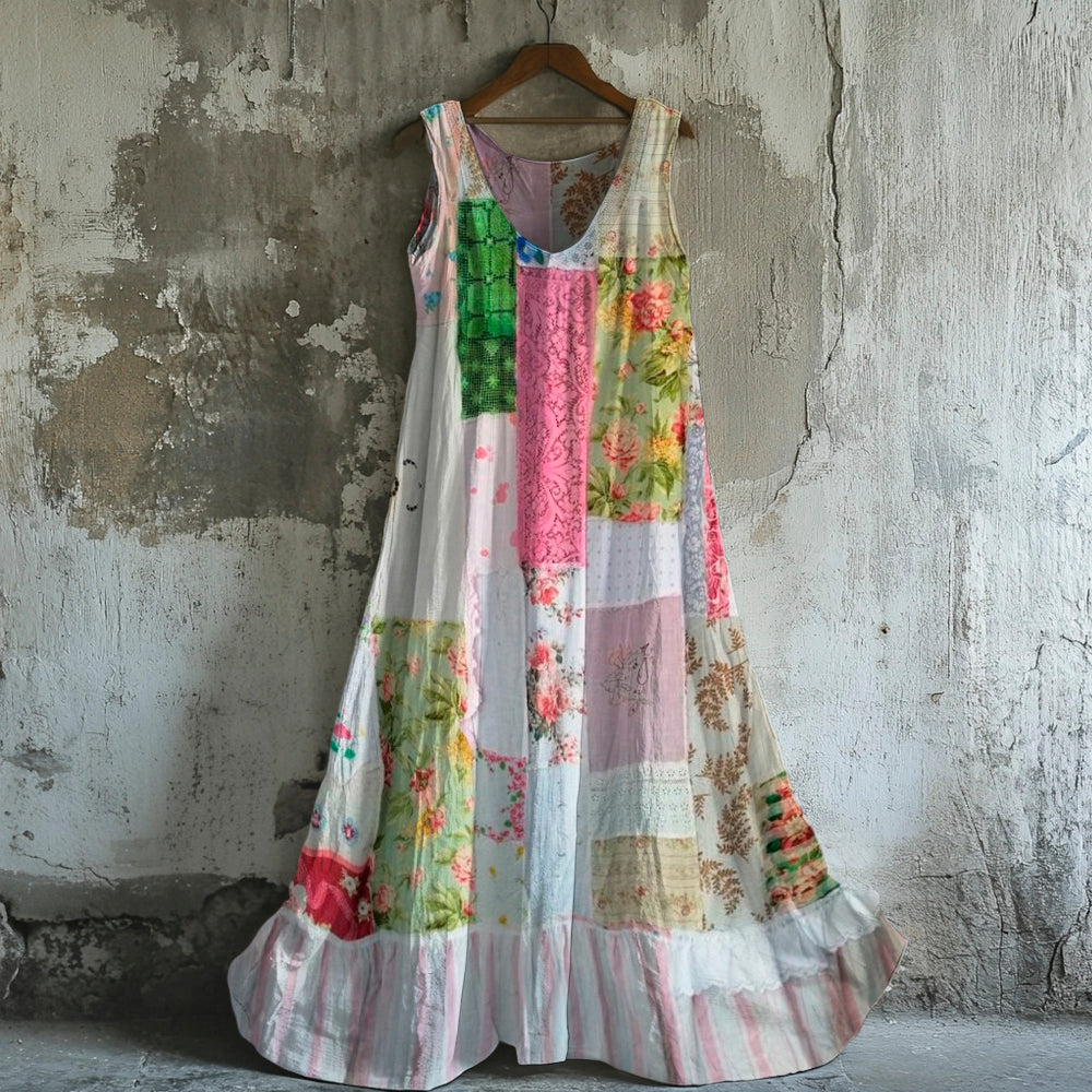 Boho Vintage Floral Women's Linen Vest Maxi Dress artswardrobe