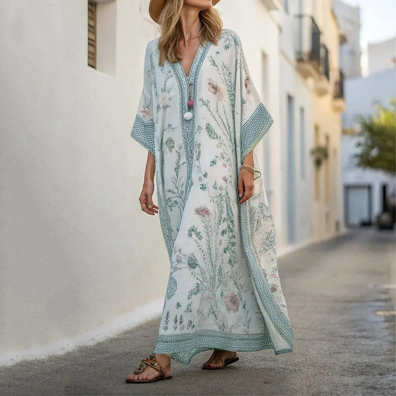 Long Sleeve Kaftan Linen Vacation Maxi Dress artswardrobe