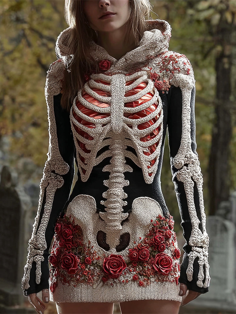 Halloween Bloody Skeleton & Floral Art Women's Knit Mini Dress artswardrobe