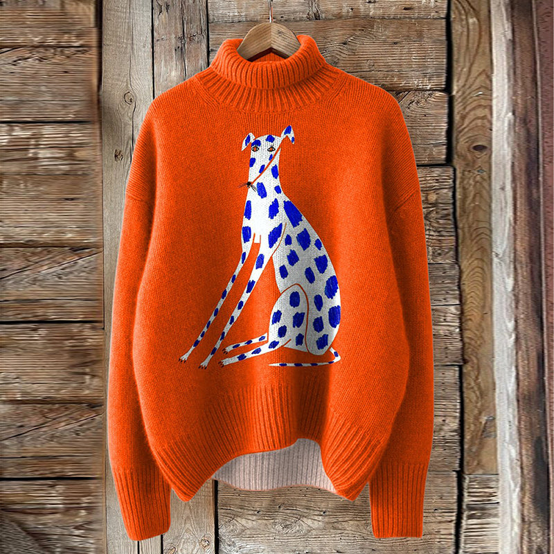 Comstylish Dog Art Print Turtleneck Knitted Pullover Sweater