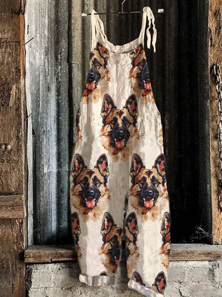 Comstylish German Shepherd Dog Puppy Cute Pattern Linen Casual Jumpsuit