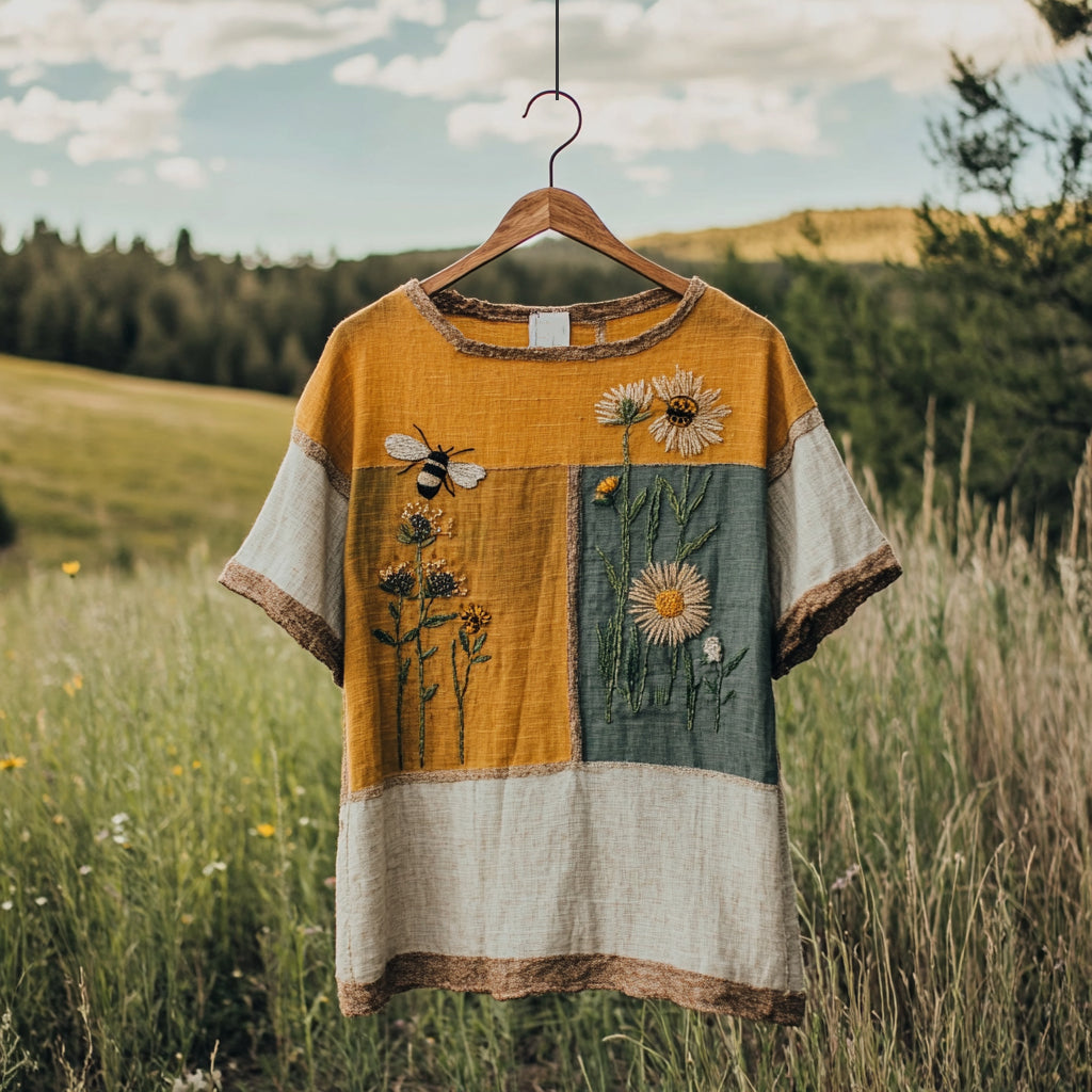 Vintage Bee Wildflowers Patchwork Print Linen T-shirt artswardrobe