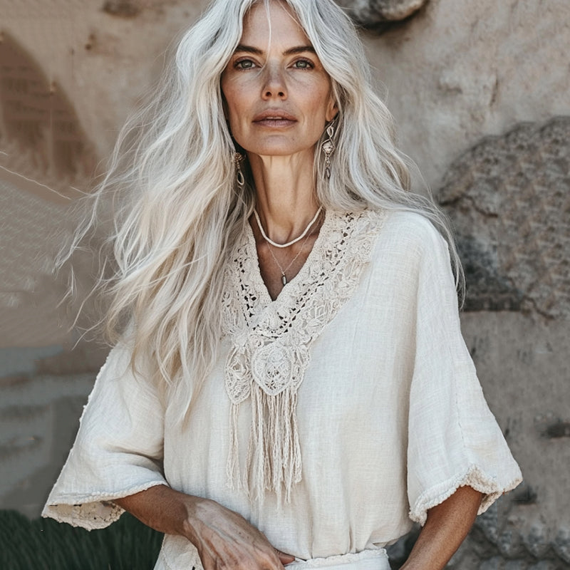 Vintage Floral Fringe Art Cotton Linen Casual Shirt artswardrobe