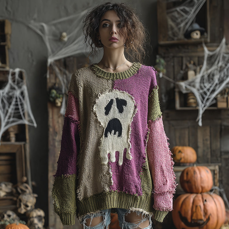 Halloween Ghost Contrast Stitched Cozy Knit Sweater artswardrobe