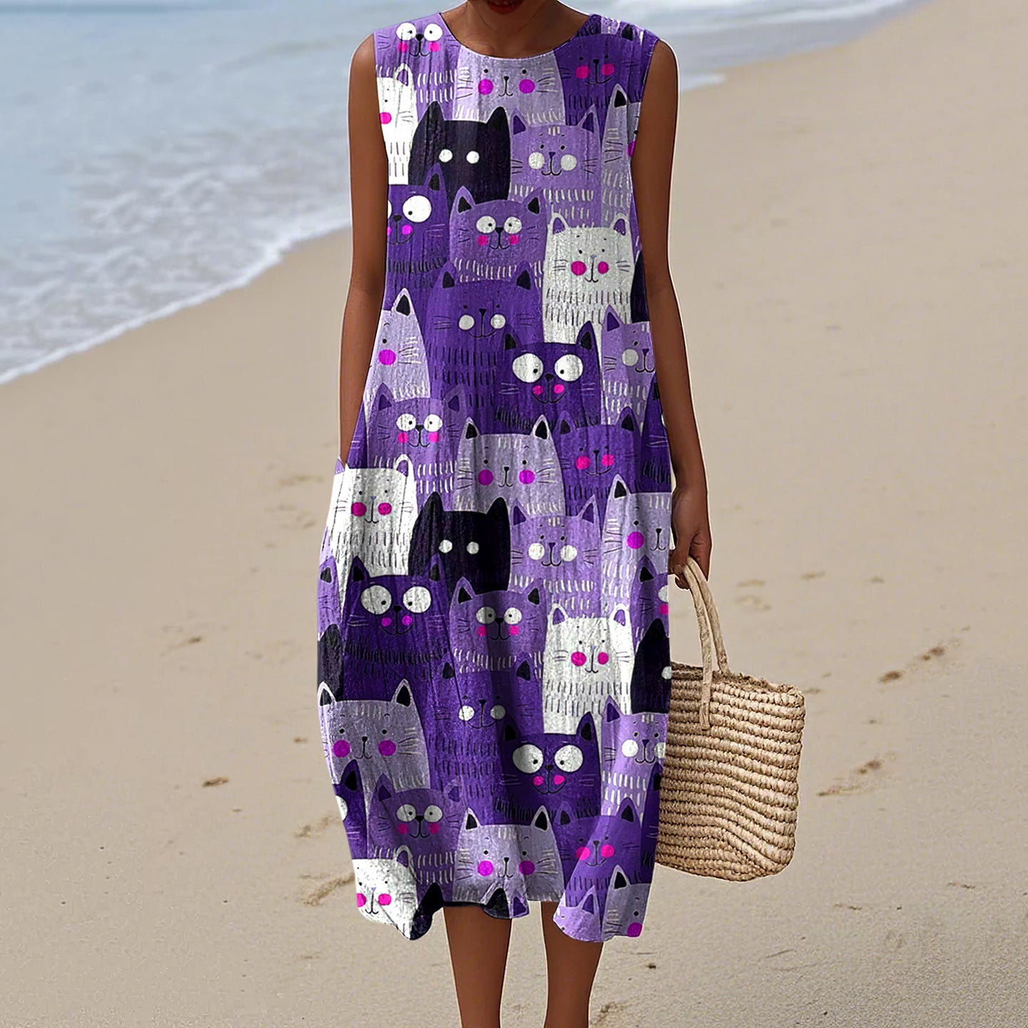 Comstylish Women's Colorful Cat Art Print Dress