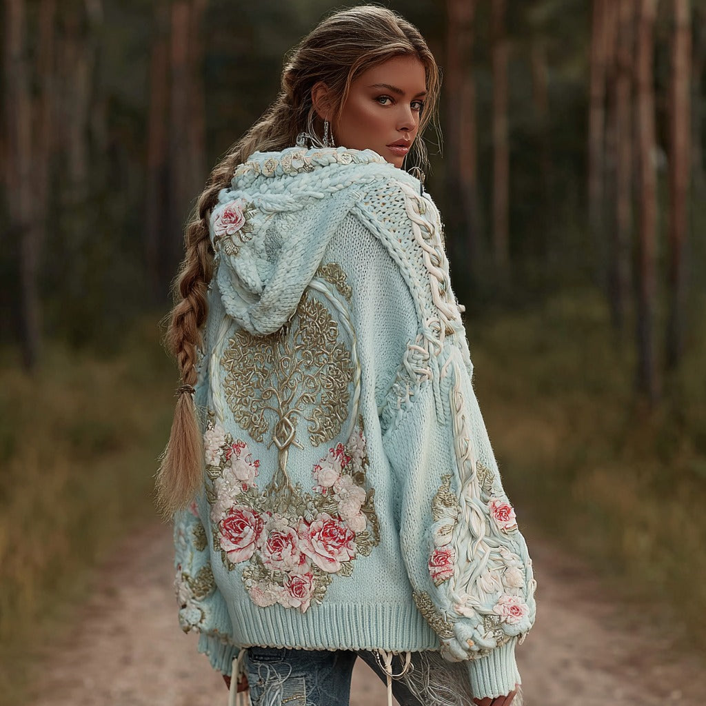 Women's Vintage Viking Metal Tree Of Life And Roses Knitted Hooded Sweater artswardrobe