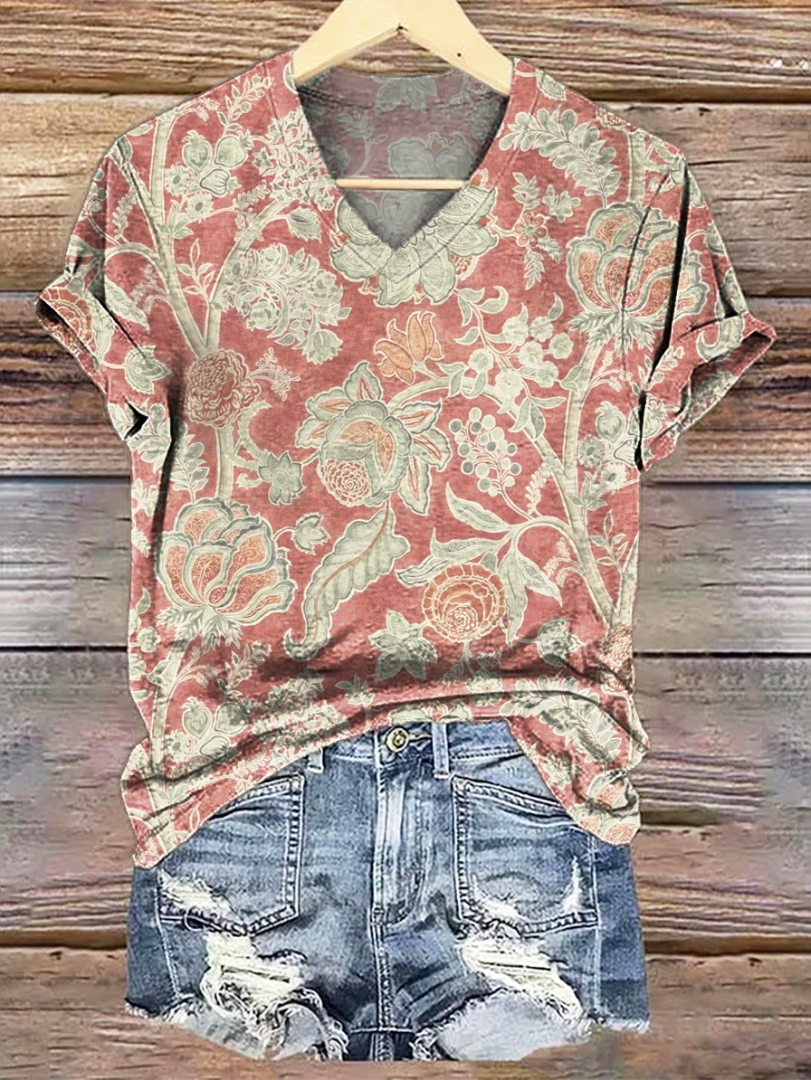 Women's Vintage Folk Floral Pattern Print V-Neck Comfortable Cotton T-